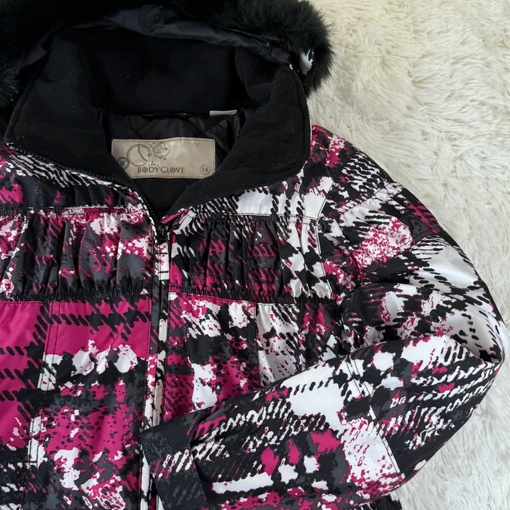 Vintage Body Glove Girls 14 Ski Coat Pink Black Faux Fur Hood Winter‎ Jacket